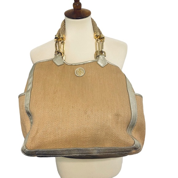 Tory Burch Bags Tory Burch Channing Straw And Gold Leather Tote W